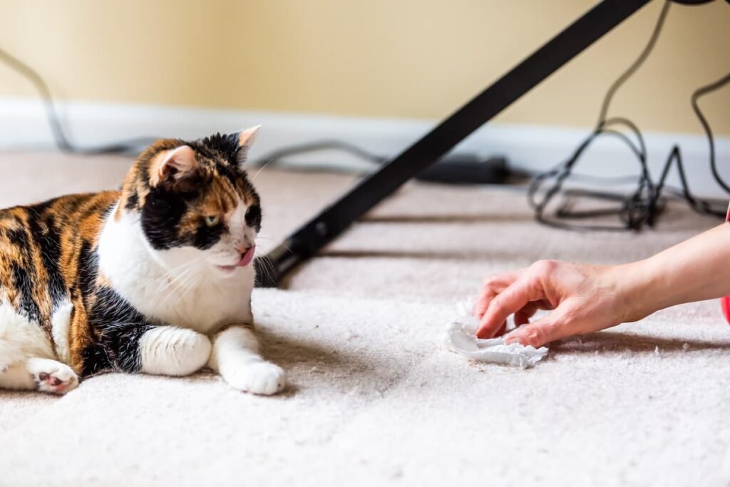 A cat vomits and owner cleans the carpet. Why Do Cats Vomitç Why Do Cats Vomit